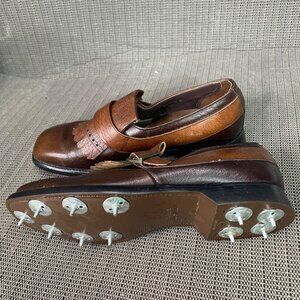 Vintage Tee Off Mens Size 7.5D Brown Leather Metal Spike Golf Shoes Monk Strap